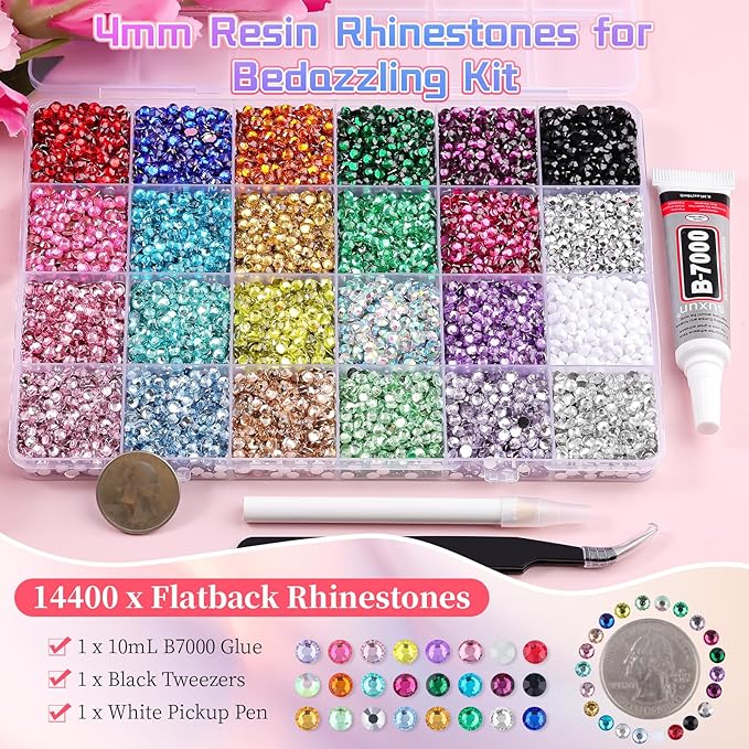 14400Pcs 4mm Resin Rhinestones for Bedazzling, Pink Red Black Flatback Gems for Crafting, Bedazzler Kit with Rhinestones Tools & B7000 Jewelry Glue for DIY Clothing Shoes Tumblers Fabric Mugs Bags