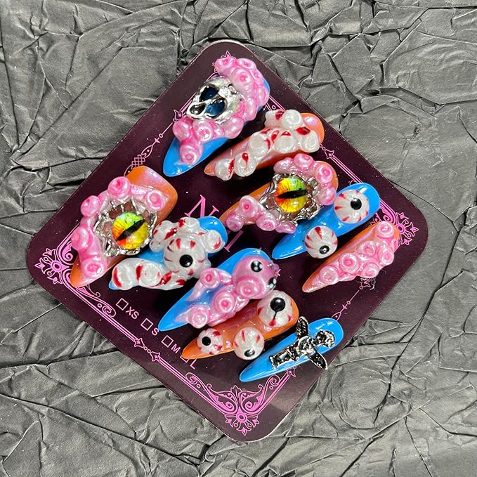 Press on Nails Handmade Nails 10Pcs Blood Style Hand Carved Pink Eyes Manual Press on Nails for Women Party Holiday Photo 33mm Long Size L