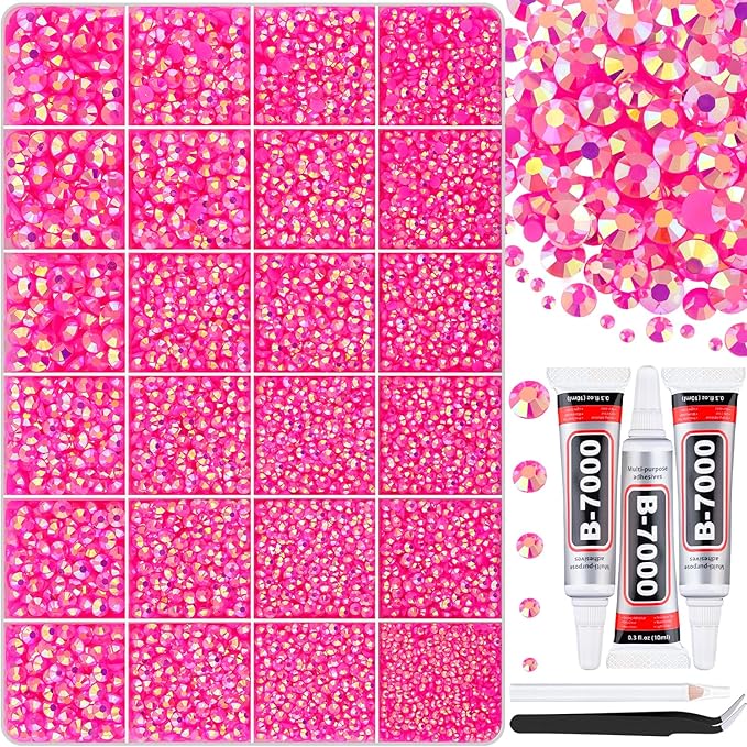 30000Pcs Hot Pink AB Rhinestones for Bedazzling with B7000 Jewelry Glue, Bedazzler Kit Bulk Flatback Gems, Resin Rhinestones for Crafting Crafts Clothing Shoes Nail Art Assorted Size 2/3/4/5/6mm