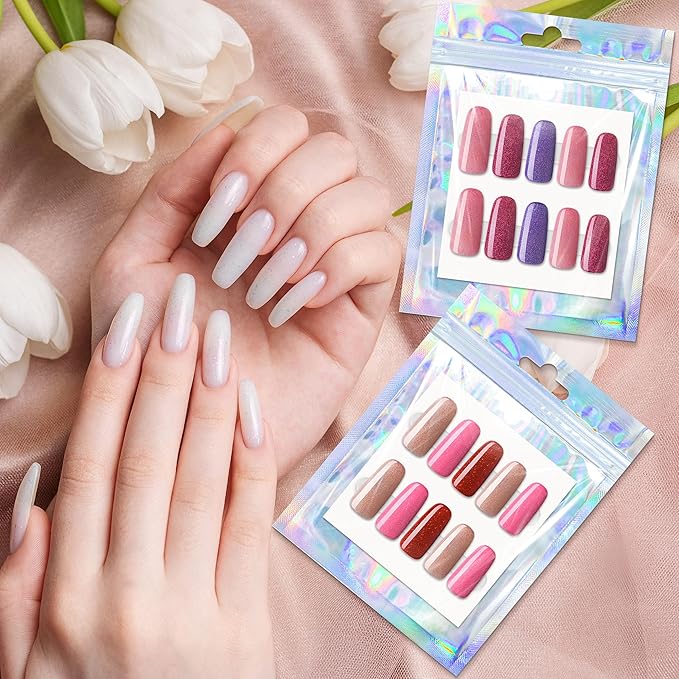 100 Sets Empty Press on Nail Packaging Including Holographic Bags White Card and Transparent Tape for Manicurist Small Business Office Home