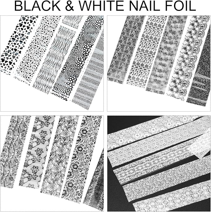 20 Rolls Lace Nail Foil, 4 Boxes Black and White Nail Art Foil Decals Sheet, Holographic Transfer Foils Stickers Paper Nails Supply for Women Girls Acrylic Manicure Wraps Decoration
