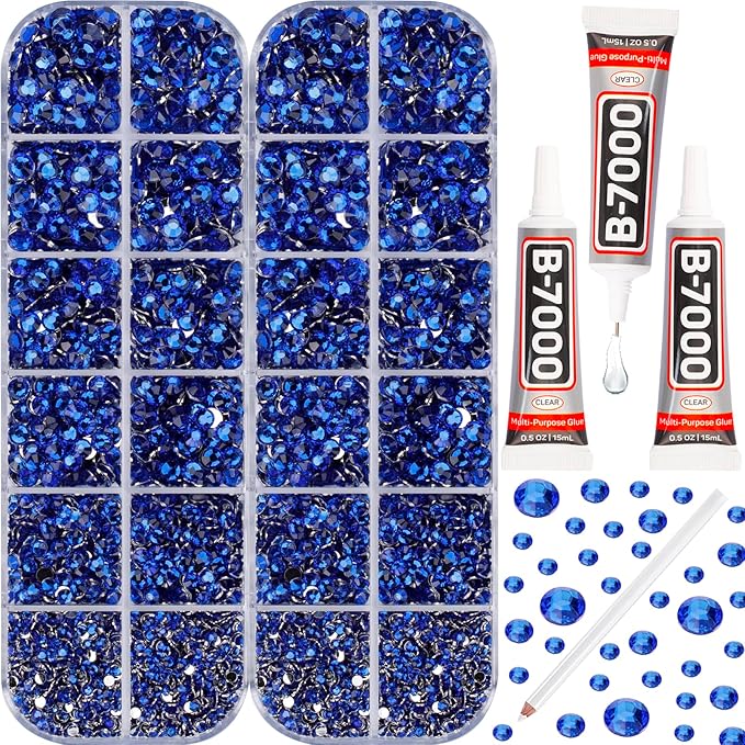 11000Pcs Blue 2/3/4/5mm Flatback Rhinestones with Glue for Bedazzling Crafting Clothing Clothes Crafts Nail Art, Royal Dark Navy Blue Resin Flat Back Gems Crystals Diamonds Gemstones Jewels Stones Kit
