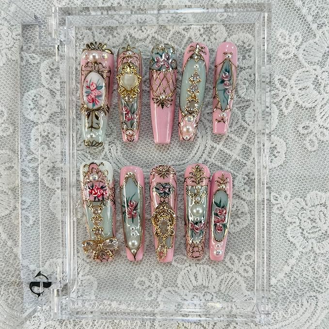 Press on Nails Handmade Nails 10Pcs Oil Painting Style Style Hand-painted The Pink Palace Manual Press on Nails for Women Party Holiday Photo 40mm Long Size S