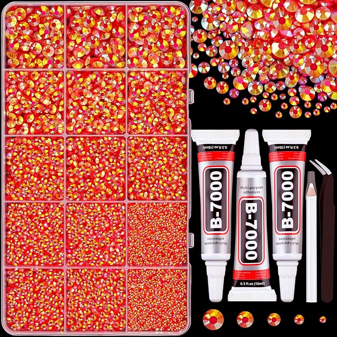 16000Pcs Resin Jelly Red AB Rhinestones for Crafting, Non Hotfix Flatback Gems, Bedazzling Crystal with 3Pcs 10ml B7000 Jewelry Glue for DIY Crafts Clothing Tumblers Shoes Fabric Nail Art