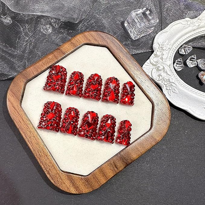 Short Duck Press on Nails Handmade Fake Nails Sparkly Red Rhinestones Full Cover False Nails with Designs Luxury Reusable Glue on Nail for Women 10Pcs(Size M)