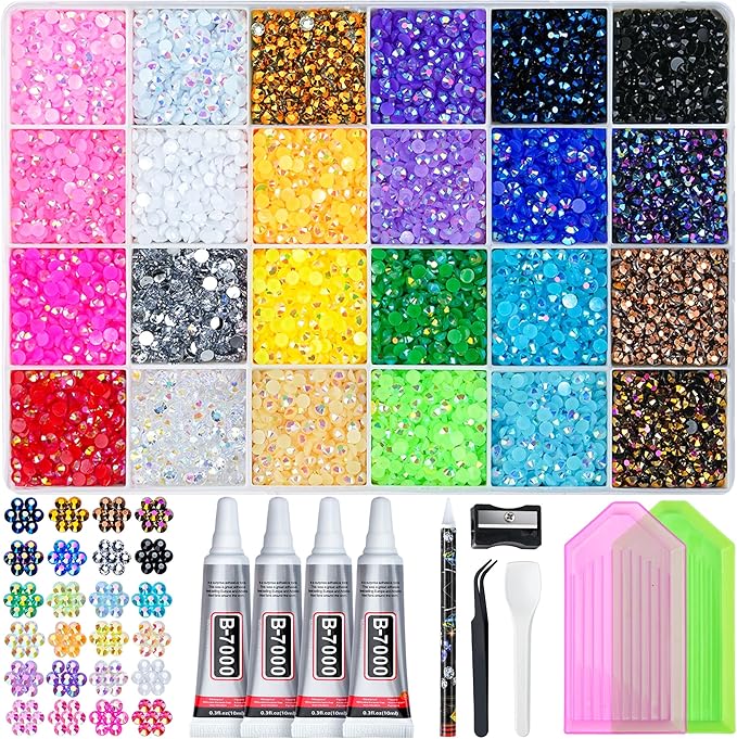 34000 Pcs Resin Jelly Rhinestones Kit, 24 Colors 3mm Flatback Rhinestones with 4 Pcs B7000 Jewelry Glue & Tools, All-in-One Bedazzling Kit for DIY Arts & Crafts Gifts