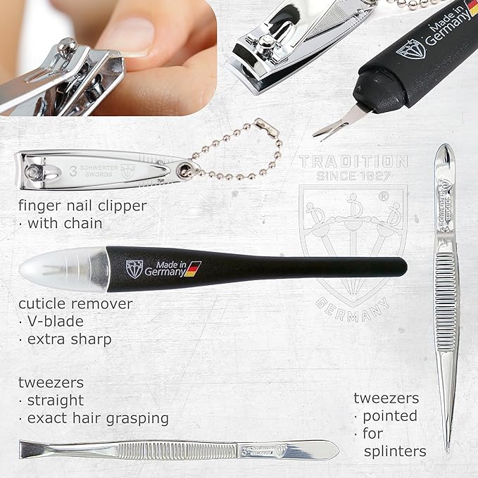 3 Swords Germany - Brand Quality 7-Piece Manicure kit with Rainbow Nail Buffer and Many More Tools in Black Artificial Leather case