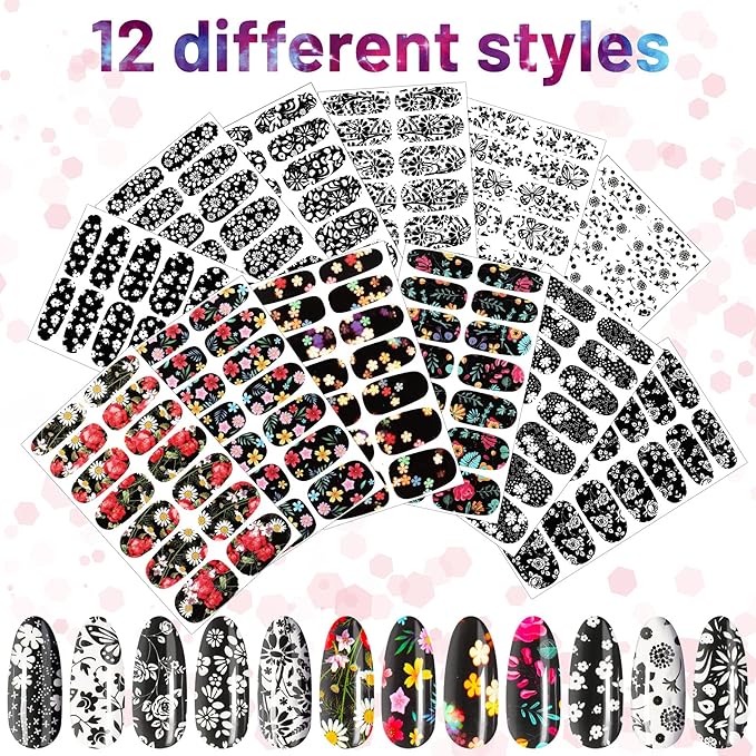168 Pcs 12 Sheets Full Wraps Nail Polish Stickers Flower Print Self-Adhesive Nail Decal Strips with File Manicure Kits Colorful Flower Full Cover Decal Strips for Women DIY Decoration(Classic Style)