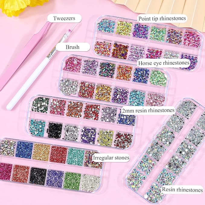 5 Boxes Shiny Colorful Nail Art Rhinestones Kit 3D Flatback Horse Eye Rhinestones Irregular Nail Stone and 4 Sheets Flower Nail Stickers with a Curved Tweezers and a Nail Brush (Multicolor)