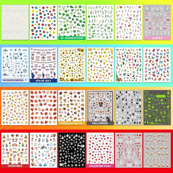 24 Sheets Seasonal Nail Art Stickers, Four Season Variety Pack All Holiday Nail Decals, Self-Adhesive Varied Design for Flowers Butterflies Halloween Christmas Spring Summer Fall Decoration