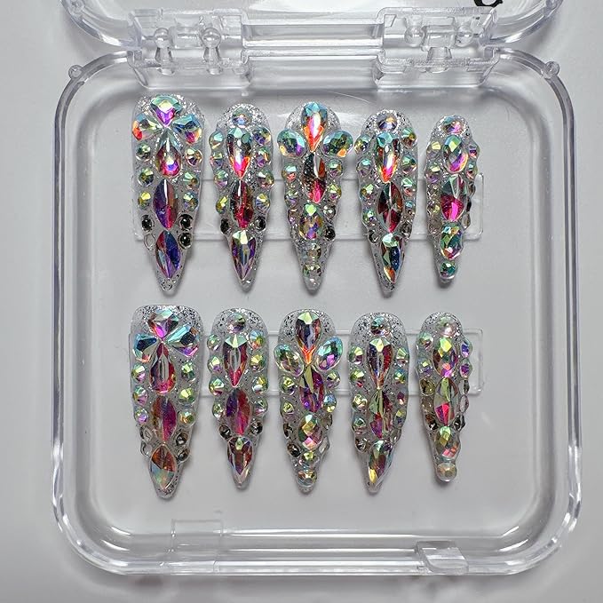 3D Handmade Long Stiletto Press on Nails Almond Acrylic Fake Nails Kit,Reusable False nails,Include Toolkit,Rhinestone Luxury glitter Design Nail Art Kit,10Pcs,Size L,#986