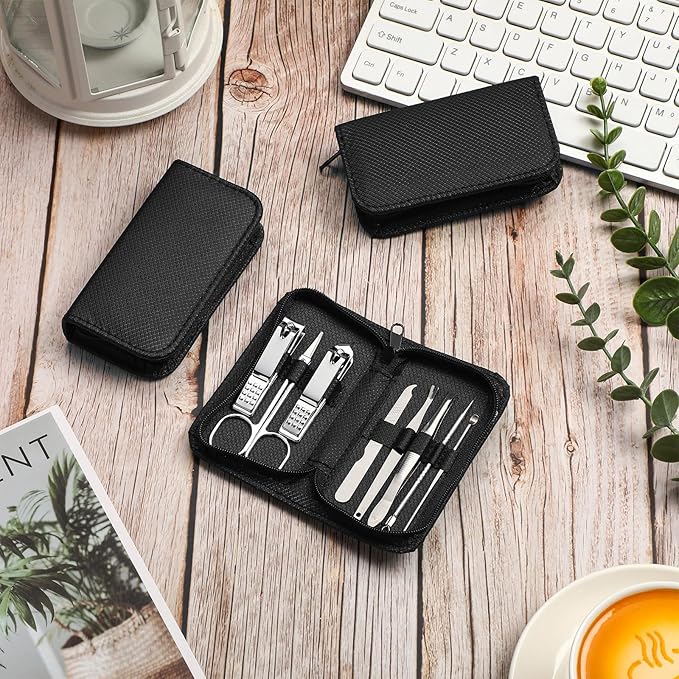 Coume 24 Sets Mini Manicure Set Bulk for Women Men Gifts for Coworkers Nail Grooming Kit 8 in 1 Nail Clippers Kit Luxurious Travel Case Stainless Steel Nails Clipper Set(Black)