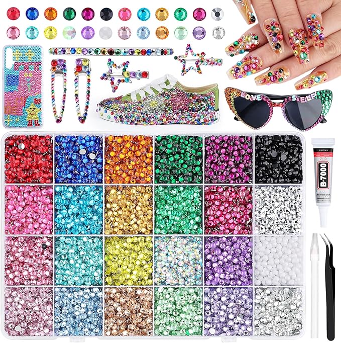 14400Pcs 4mm Resin Rhinestones for Bedazzling, Pink Red Black Flatback Gems for Crafting, Bedazzler Kit with Rhinestones Tools & B7000 Jewelry Glue for DIY Clothing Shoes Tumblers Fabric Mugs Bags