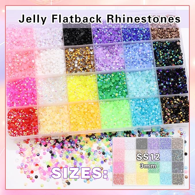 RODAKY Resin Jelly Rhinestones for Crafting Bedazzling,24 Color Rhinestones for Nails Art,3MM Nail Rhinestone and Gems,Nail Diamond Flatback Gems Crystals Charms for Nail Design DIY Makeup Decor