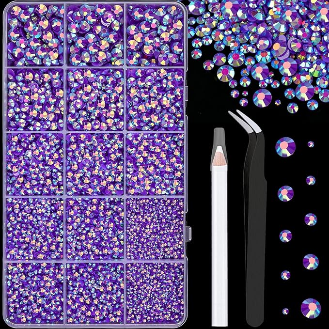 16000Pcs Resin Jelly Rhinestones with Tweezers for Crafting, Dark Purple AB 2-6mm Mixed Sizes Flatback Gems, Bedazzling Crystal for DIY Crafts Clothing Tumblers Mugs Shoes Fabric Nail Art