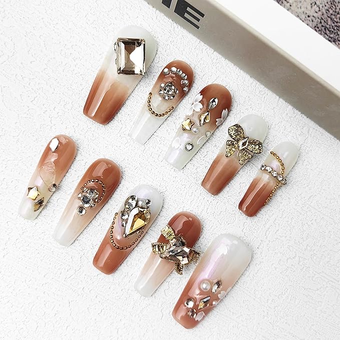 2025 Handmade Medium Nail Reusable PMMA Acrylic Press-on Nail Mixed Color Gradient w/Butterfly Petal Rhinestone Decoration Fake Nails Gifts for Women (Color Mixing Gradient, Medium)