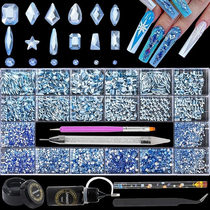 Nail Rhinestones - 4300pcs Light Blue Crystals, Multiple Shape Gems, Flat Back Rhinestones, with Kit and Glue Gel, for Nail Art Decoration