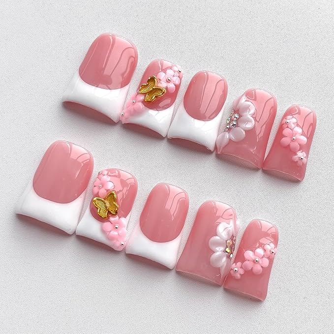 Luxury Press on Nails Short Duck Handmade 3D Unique Reusable ABS Material Fake Nails White French Tip False Nails with Designs Butterfly Flower Rhinestones Glossy Glue on Nail Thick Acrylic Nail(S)