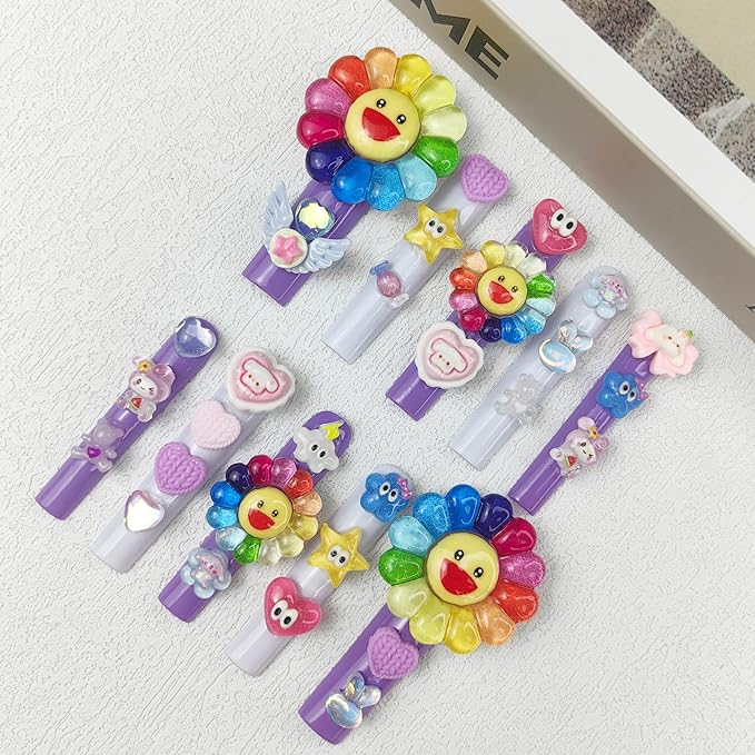 2025 Pastel Kawaii Rainbow Smile Flower Deco Press-On Nails | Handmade PMMA Acrylic Reusable Tips w/Box Gift for Girls (Sunny Parade, M)