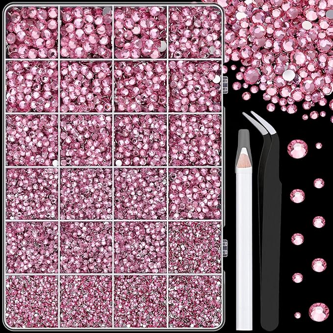 25000Pcs Resin Rhinestones with Tweezers for Crafting, Dark Pink 2-6mm Mixed Sizes Non Hotfix Flatback Gems, Bedazzling Crystal for DIY Craft Clothing Mugs Tumblers Shoes Fabric Decor Nail Art