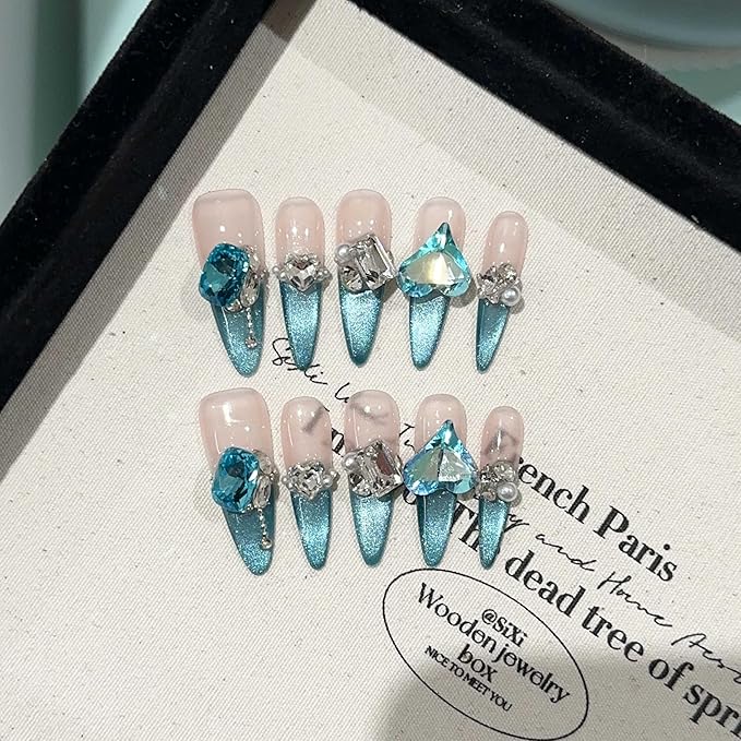Luxury Long Stiletto Press-On Nails, Turquoise Blue Stiletto with 3D Crystals and Pearls, Handmade False Nail 10 Pieces (Small, LS)