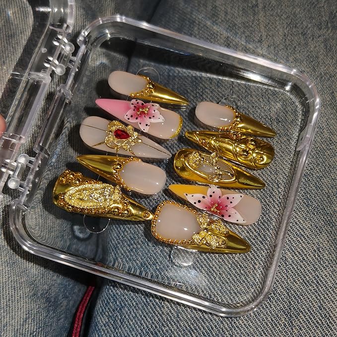 Long Stiletto Press on Nails - Gold Baroque with 3D Rose & Saint Charms | Reusable & Icy False Nails | Royal Gala Style for Grand Events(S)