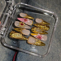 Long Stiletto Press on Nails - Gold Baroque with 3D Rose & Saint Charms | Reusable & Icy False Nails | Royal Gala Style for Grand Events(S)