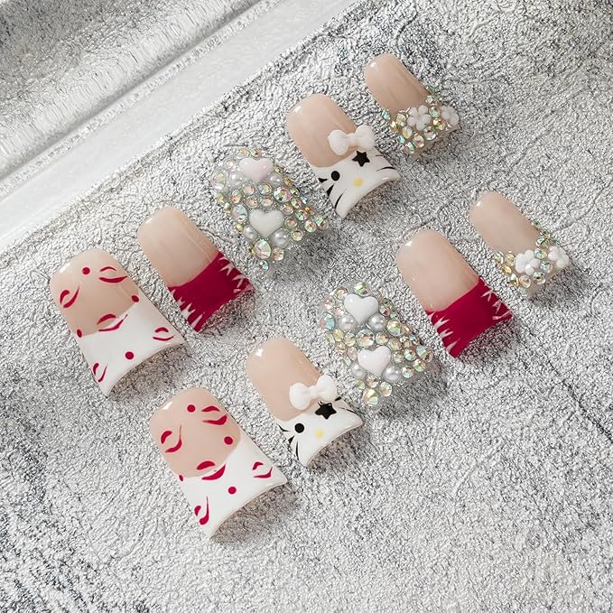 Handmade Press on Nails Short Duck Kawaii Red French Tips, 3D White Bow & Heart Charms, Luxury Bling Rhinestone False Nails, Reusable Full Cover for Nail Art (Cute Kitty Sweet Glam,L)