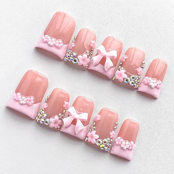 Luxury Press on Nails Short Duck Handmade 3D Unique Reusable ABS Material Fake Nails French Tip False Nails with Designs Bow Rhinestones Flower Pink Glossy Glue on Nail Thick Acrylic Nail(M)