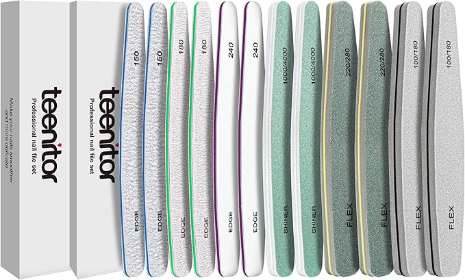 Teenitor 12pcs Nail Files and Buffers, Nail File Nail Buffer Block for Women, Emery Boards for Nails Nail Buffer and Shine Kit, Fingernail Files 100/180 Grit Nail Files for Natural Nails