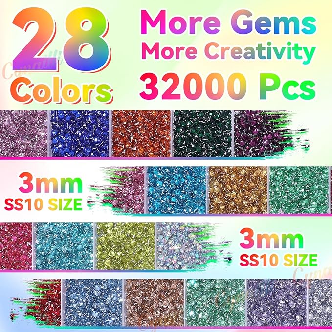 32000Pcs Color Rhinestones Bedazzling Kit, 3mm Flatback Pink Purple Blue White Colored Gems for Crafting, Bedazzling Kit for Crafts Clothing Shoes Bottle Diamond Nail Art Face DIY