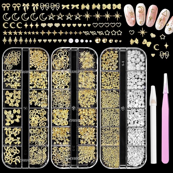 Gold Nail Charms Pearls, Heart Bow Nail Art Charms, Metal Cross Star Moon Nails Studs, Half Round Flatback Nail Pearls Charms, Caviar Nails Beads Charms for Nails Design DIY Craft