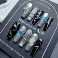 100% 5D Handmade Press on Nails with Snake Charms Medium Coffin Nails Press ons Balck Silver False Nails Cruve Line Press on Nails Fall Fake Nails for Women Girls Daily Wear DIY Manicure Size L