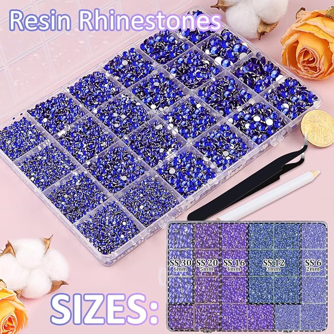 32000Pcs Resin Rhinestones with Tweezers for Crafting, Royal Blue Flatback Gems, Bedazzling Crystal with 3Pcs 10ml B7000 Jewelry Glue for DIY Crafts Clothing Tumblers Shoes Fabric Nail Art