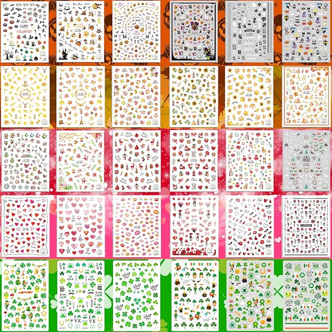 30 Sheets Fall All Holiday Nail Stickers, Autumn Halloween Christmas Thanksgiving Valentine's St. Patrick's Day Nail Art Decals Mixed All Season Set, Self-Adhesive Year-Round Manicure Decorations