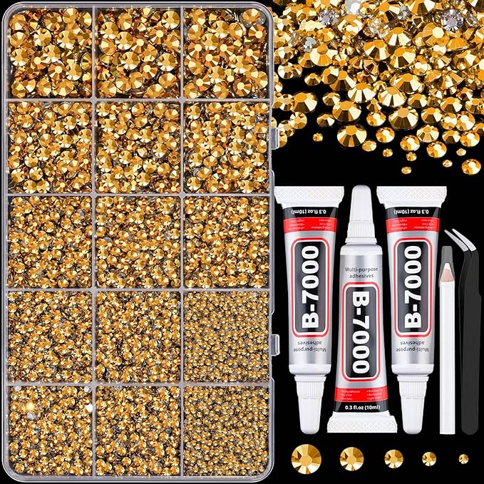 16000Pcs Resin Rhinestones for Crafting, Gold Non Hotfix Flatback Gems, Bedazzling Crystal with 3Pcs 10ml B7000 Jewelry Glue for DIY Crafts Clothing Tumblers Shoes Fabric Nail Art