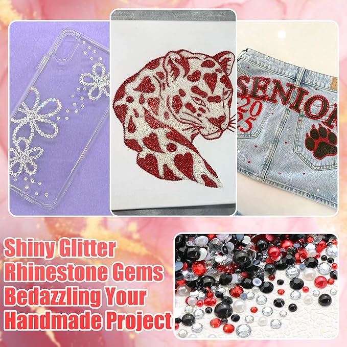 RODAKY 9000PCS Rhinestone Pearls for Bedazzling Red Black White Flatback Gems Half Pearls for Crafting Diamond Making Kit Clothing Shoes Nail Decor with Glue Tweezer Pickup Pen