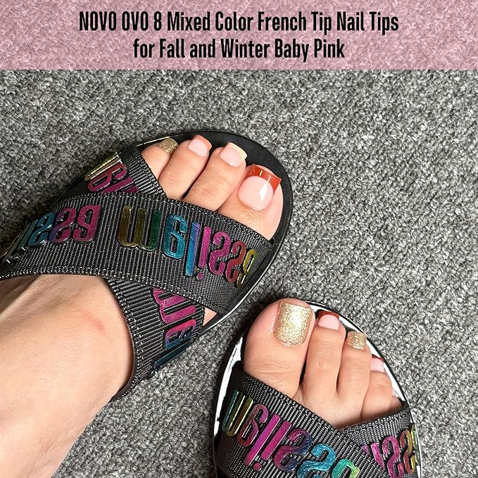 NOVO OVO Halloween Christmas Fall Autumn Colorful French Tip Toe Nail Tips Press on 8 MIXED WINTER COLOR, Sharp Square Toenail BABY PINK Toenail Extension, Full Cover Acrylic DIY x 15 Sizes 240 pcs