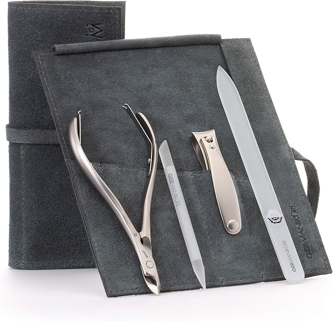 GERMANIKURE 4pc Manicure Set in Light Gray Suede Case - FINOX Stainless Steel Tools Made in Germany, Glass Nail Care Supplies Made in Czech Republic – Professional Cuticle and Nail Care Kit
