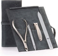 GERMANIKURE 4pc Manicure Set in Light Gray Suede Case - FINOX Stainless Steel Tools Made in Germany, Glass Nail Care Supplies Made in Czech Republic – Professional Cuticle and Nail Care Kit