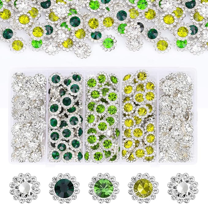 200 Pcs 12MM Sew on Rhinestones Mixed Colors Crystal Glass Metal Base Flower Shape, Flatback Rhinestones for Crafting, Sewing Accessories for Clothes and Shoes (Green)