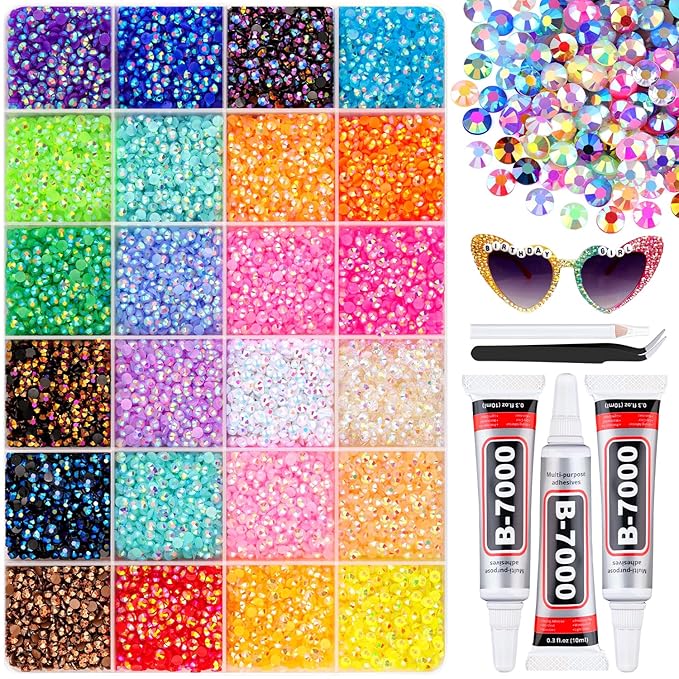 32000Pcs Mixed-Color Resin Rhinestones with B7000 Jewelry Glue for Crafting, 3mm Non Hotfix Flatback Gems, Bedazzling Crystal for DIY Crafts Clothing Tumblers Mugs Shoes Fabric Decor Nail Art