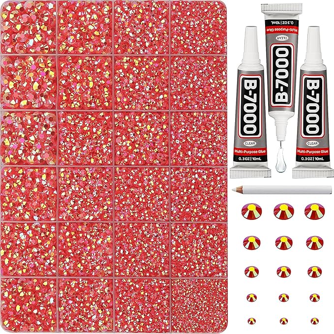 33000Pcs Red AB Rhinestones for Bedazzling, Bedazzler Kit with Flatback Craft Rhinestones Red AB Bulk and B7000 Glue, 2,3,4,5,6mm Resin Flat Back Crystals for Craftings, Crafts, Clothes, Shoes, Nails