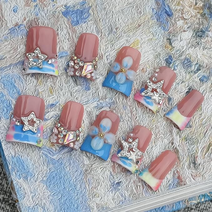 Press on Nails Duck Shape 3D Floral Metallic Star Design Luxury Thick Acrylic Fake Nails Rhinestones Petal Flower French Tip Blue False Nails (Pastel Pink-Blue Stellar,L)