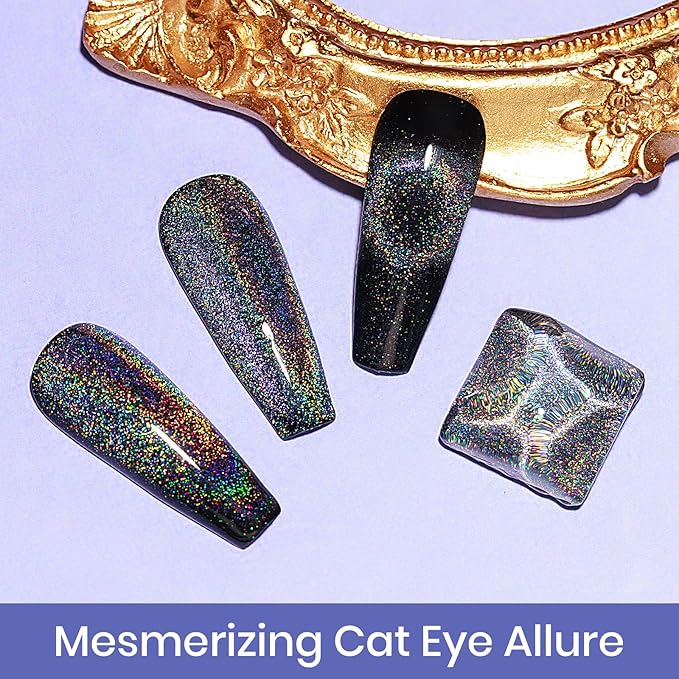MIZHSE Cat Eye Gel Nail Polish Rainbow Cat Eye Holographic Glitter 9D Cateye Soak Off U V LED Gel Polish for Nail Salon Home DIY Manicure 12ml