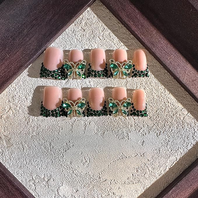 10Pcs Handmade Press on Nails Medium Duck Fake Nails French Tip Green False Nails Luxury Butterfly Rhinestone Full Cover Glue on Nail Sparkly Reusable Stick on Nail for Women (Size M)