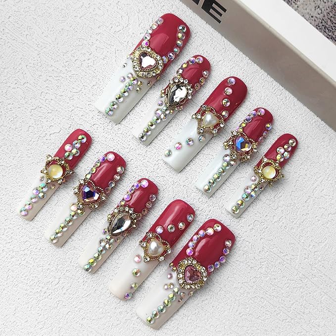 2025 Long Handmade Manicure Reusable Press-on Nails Mixed White and Red Fake Nails with Heart Gifts for Women (White & Dark Red, Medium)