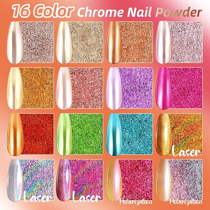 Chrome Nail Powder Palette, 16 Glitter Laser Metal Mirror Effect Aurora Iridescent Holographic Gold Silver Bright Colors Ombre Nail Pigment Powder Kit French Nails Manicure DIY Accessories