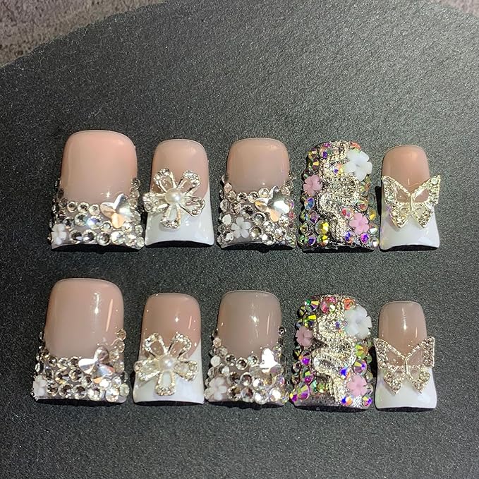 Duck Press on Nails Short Handmade Fake Nails Luxury 3D Reusable French Tip False Nails with Designs Flower Rhinestones Sparkly Glue on Nail for Women 10Pcs (Size M)