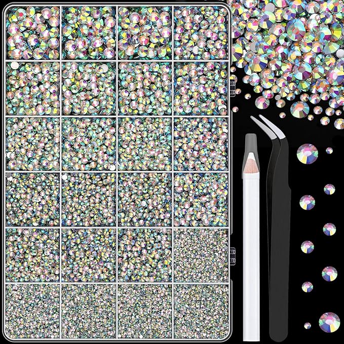 25000Pcs Resin Rhinestones with Tweezers for Crafting, AB 2-6mm Mixed Sizes Non Hotfix Flatback Gems, Bedazzling Crystal for DIY Craft Clothing Mugs Tumblers Shoes Fabric Decor Nail Art
